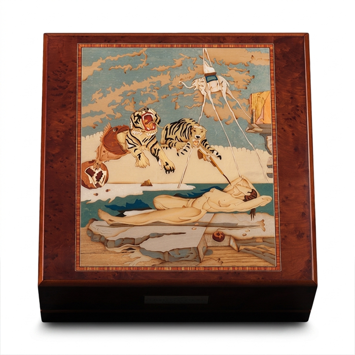 Orbita Artisan Salvador Dali marquetry watch winder, white studio background
